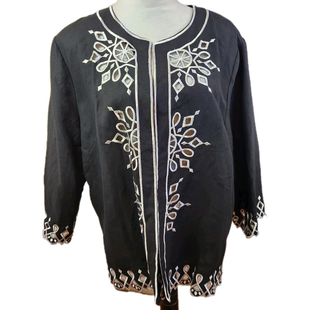 Bob Mackie Womens Linen Blend Blazer‎ Size XL Black Embroidered Geo Print Top
